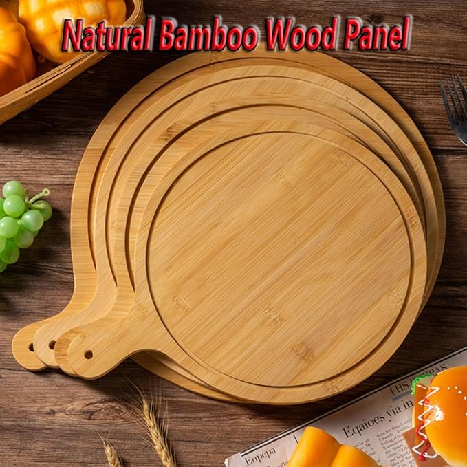 6 Pack Pizza Board Set – Premium Wooden Pizza Plates for Serving & Cutting, Round Bamboo Pizza Plate with Handle, Durable & Lightweight for Home & Restaurant (Up to 13 Inches),9inch