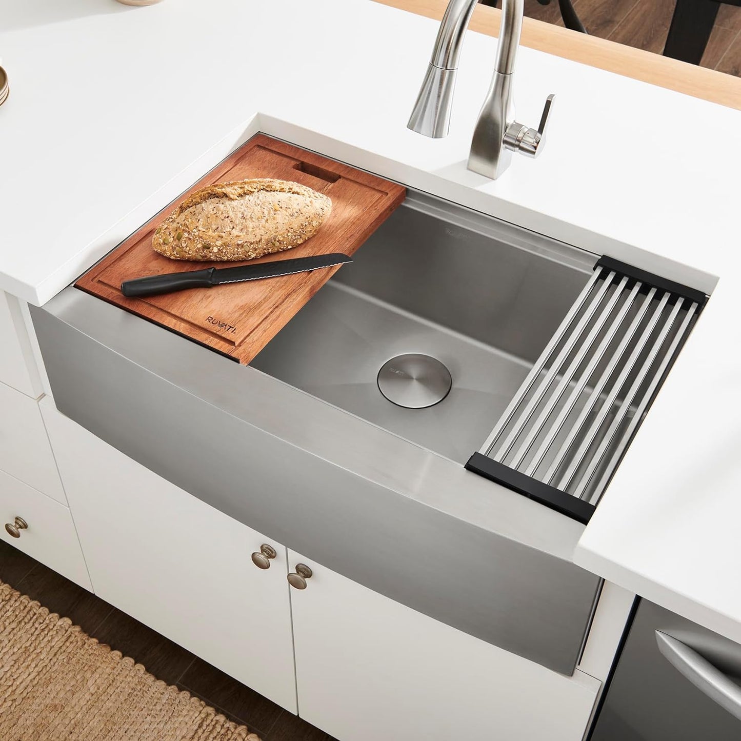 Ruvati 30-inch Apron-front Workstation Farmhouse Kitchen Sink -16 Gauge Stainless Steel Kitchen Sink Single Bowl with Brushed Finish hides scratches - Farmhouse Workstation Sinks - RVH9100
