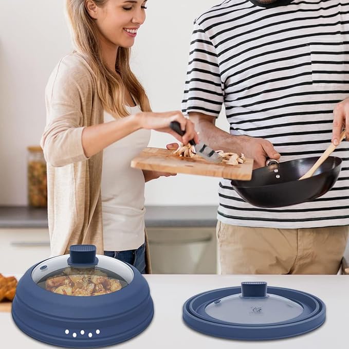Microwave Splatter Cover Glass Cover Guard Lid with Collapsible Silicone for Food Pot Plate Cover 10.8 inch Dark Blue