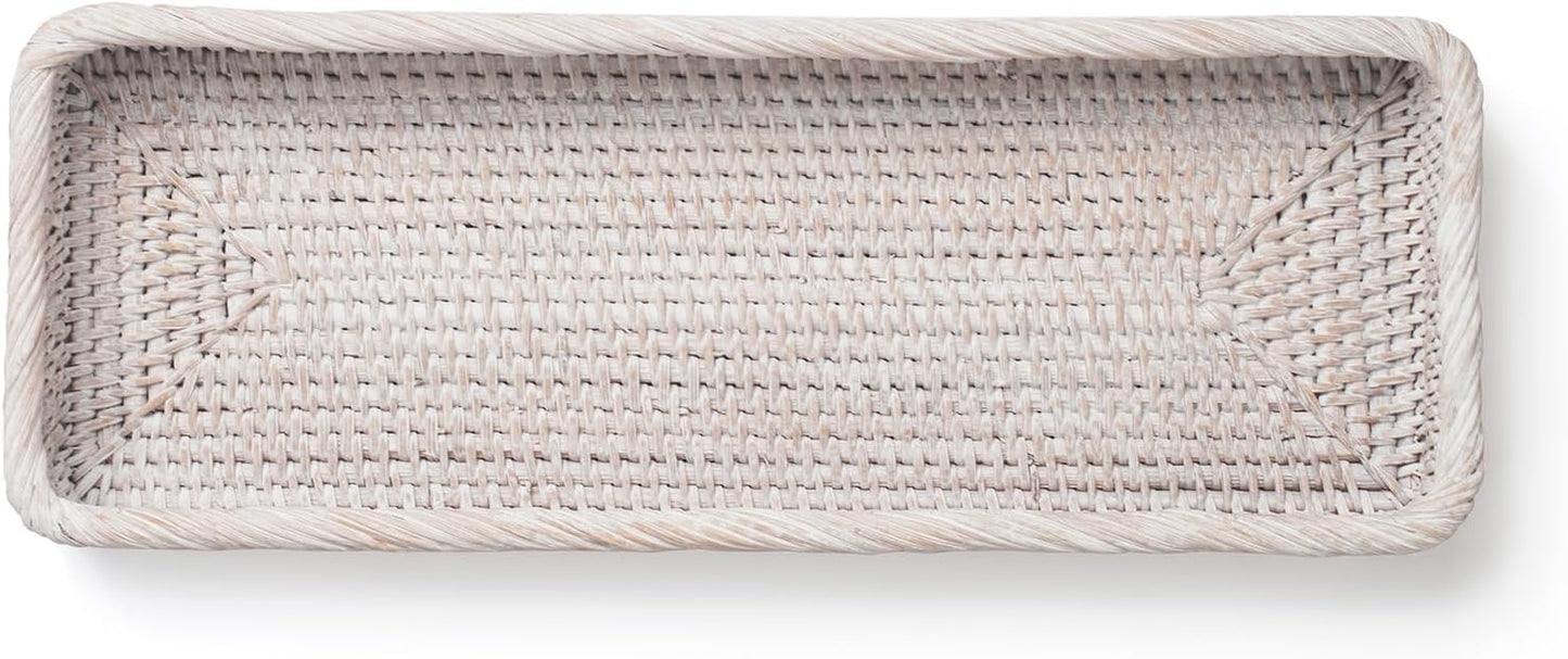 Rattan Bathroom Vanity Tray, Toilet Tank Basket Tray for Paper Hand Towel, Bathroom Counter Tray for Organizing and Decor (Whitewash, 16.3" x 6.1" x 2")