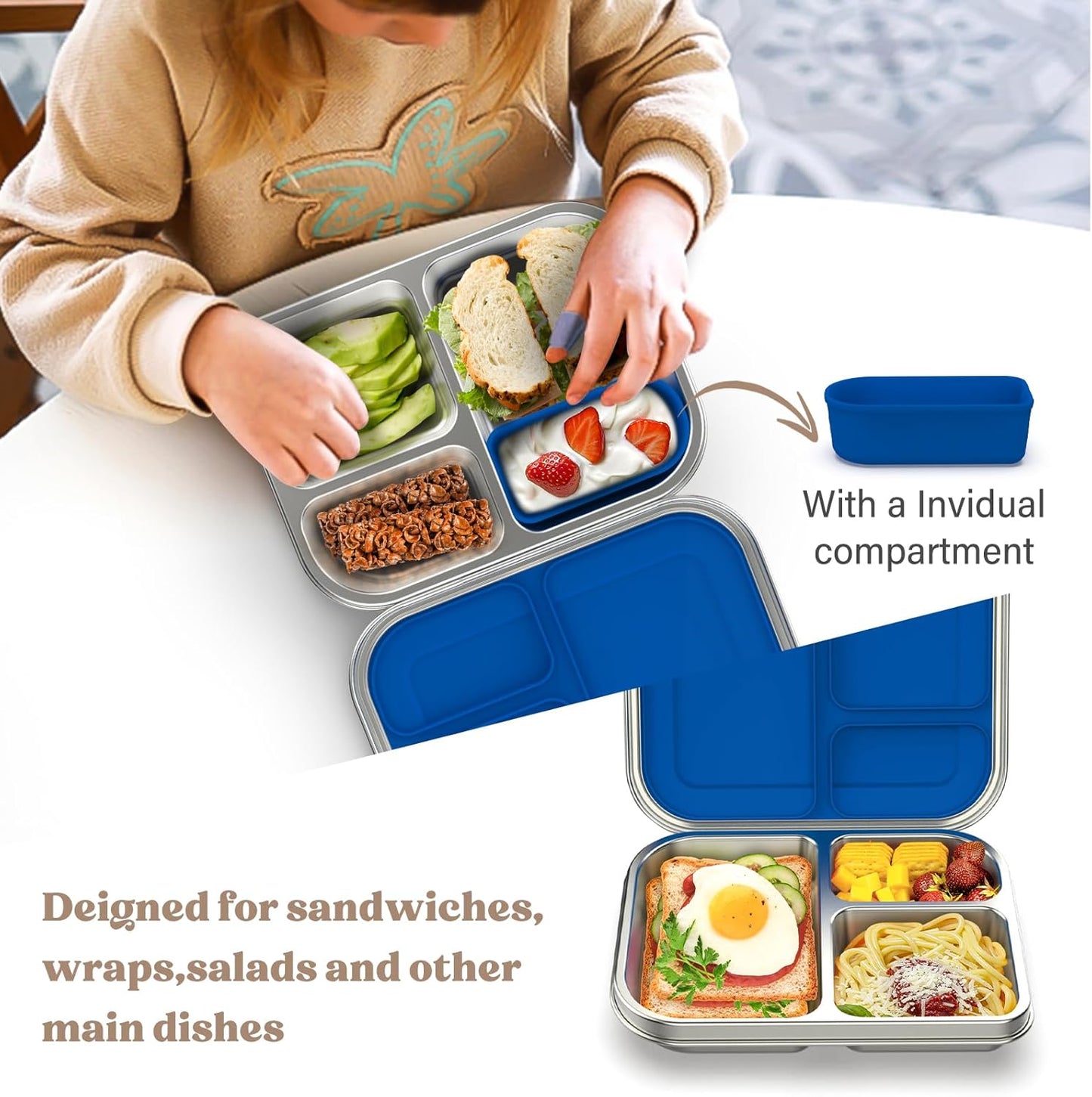 Stainless Steel Bento Box Kids, 3 Compartments Leak Proof Metal Bento Lunch Box, 304 Stainless Steel Bento Lunch Containers for School and Office,Dishwasher Safe, BPA-Free-Blue