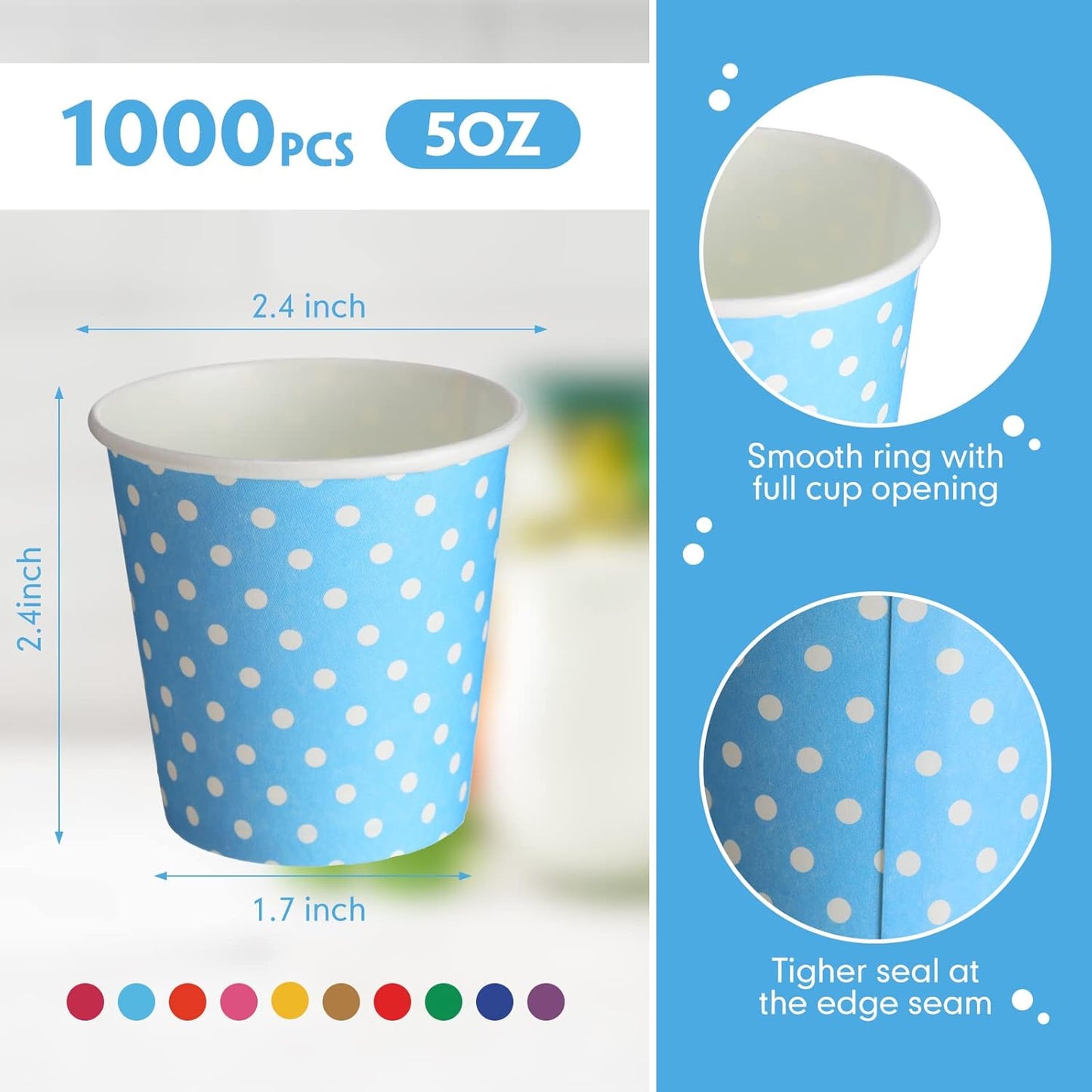 Thenshop 1000 Pack 5oz Paper Cups, Multicolor Small Disposable Cups, Dot Beverage Drinking Mini Mouthwash for Parties, Picnic, Travel, Barbecues and Event, 10 Colors