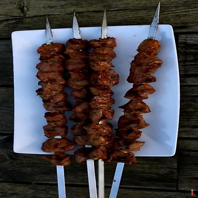 12 Pack Kebab Skewers 22 Inch Stainless Steel Grilling BBQ Skewer Reusable Barbecue Skewers Flat Stick with Wood Handle,Ideal for Koubideh Brazilian Chicken Shrimp Turkish Shish Kabob