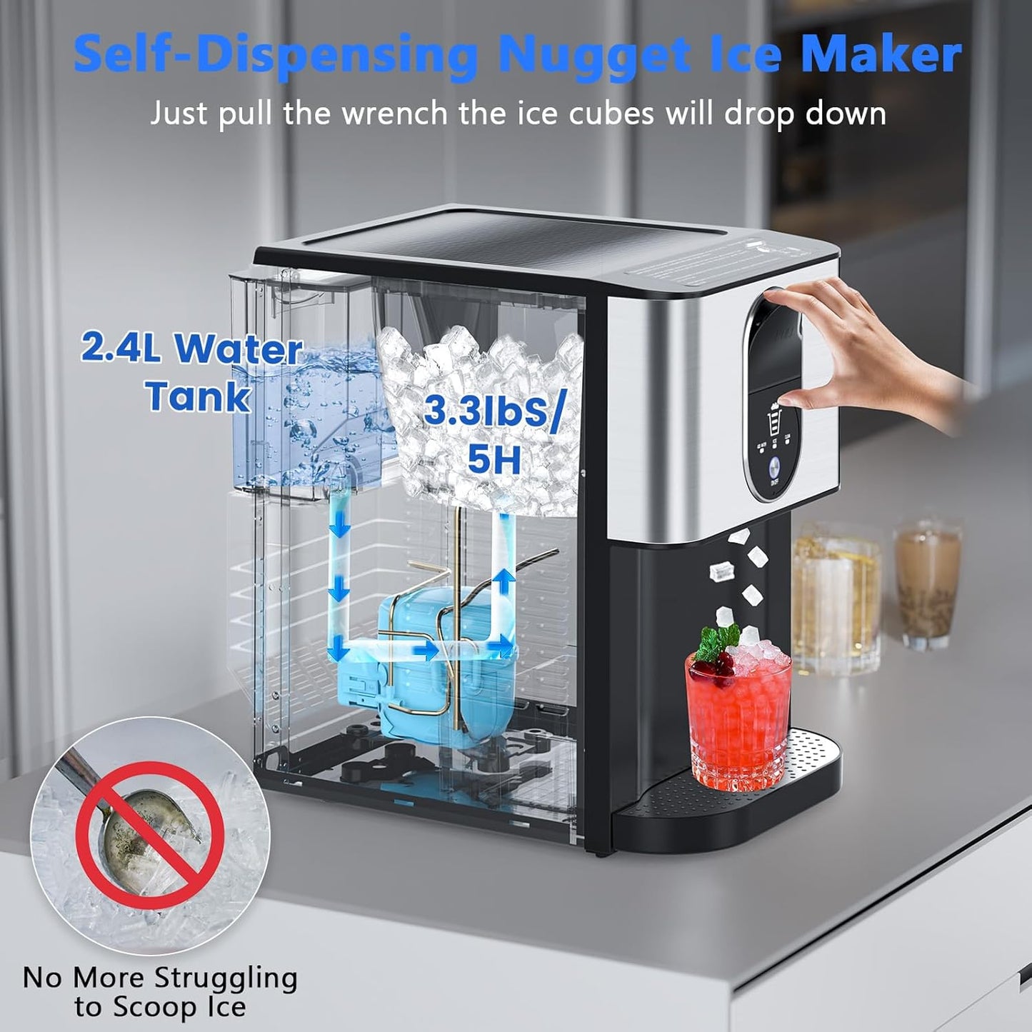 Nugget Ice Makers Countertop, Self-Dispensing Pellet Ice Maker, 44Lbs/24H, Portable Pebble Ice Maker Machine with Self-Cleaning, Soft Chewable Ice Makers for Home Kitchen Office, Silver