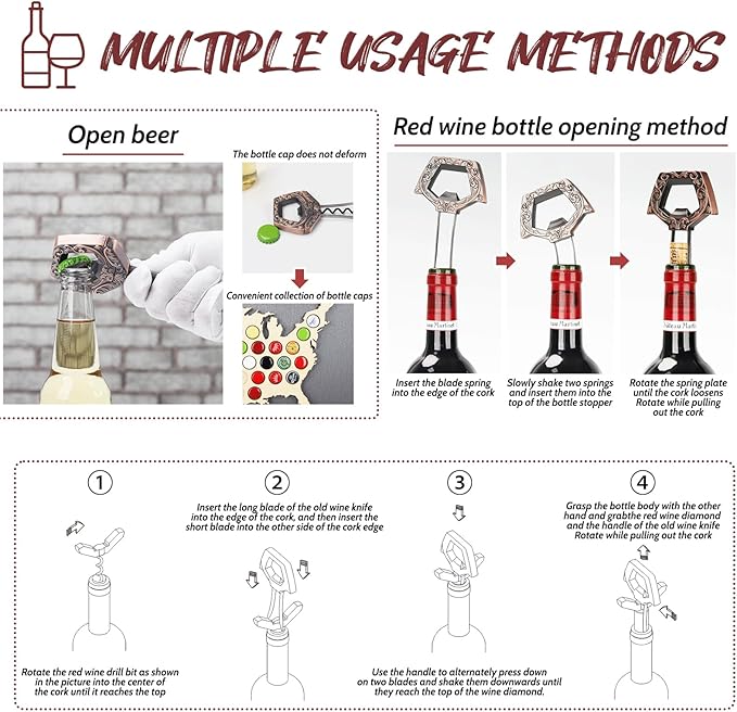3 in 1 Ah So Two Prong Wine Opener & Cork Remover,It Can Remove The Older and Fragile Wine Corks so Easy for Connoisseurs to Uncork (Copper)