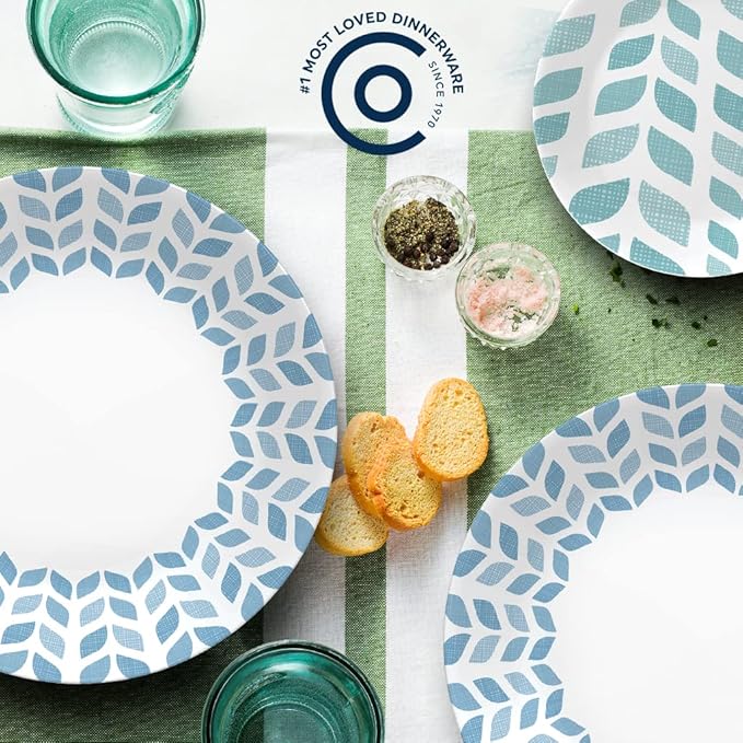 Corelle Global Collection Vitrelle 18-Piece Dinnerware Set Triple Layer Recycled Glass, Lightweight Eco-Friendly Round Plates and Bowls Set, Northern Pines