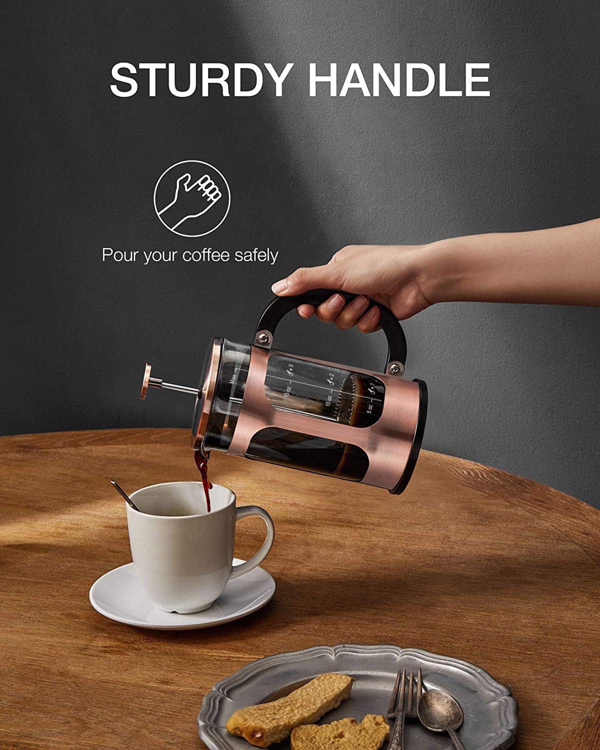 BAYKA 21 Ounce 0.6 Liter French Press Coffee Tea Maker Small, Heat Resistant Thickened Borosilicate Glass Stainless Steel Single Serve Brewer, Cold Brew Percolators, Cafetera Teapot, Copper