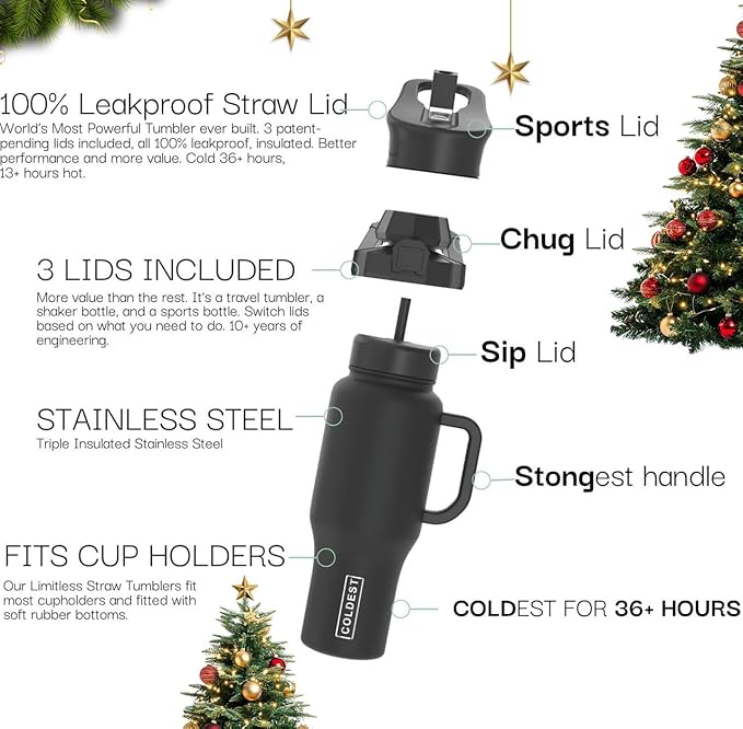 Coldest Tumbler with Handle and Straw - 100% Leak Proof Insulated Tumbler with Lid and Straw (3 Lids) - Stainless Steel Tumblers for Women & Men - Cup Holder Friendly Base, 46 oz (The Patriot)