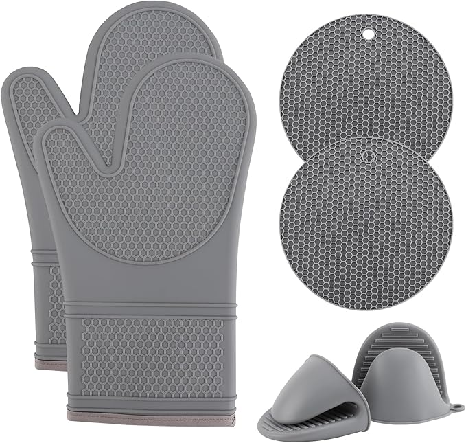 COOK WITH COLOR Silicone Oven Mitts- Heat Resistant Gloves with Soft Quilted Lining Oven Mitt Pot Holders for Cooking and BBQ, Gray, Mitt Set