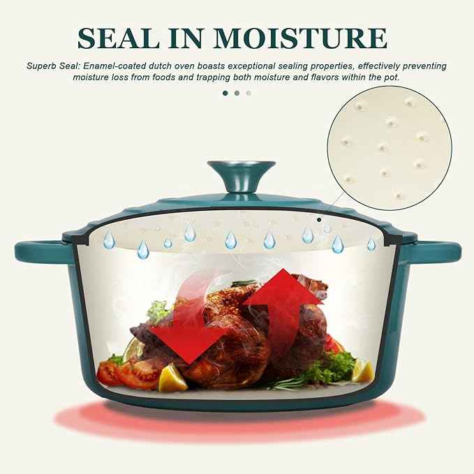 Overmont Enameled Cast Iron Dutch Oven - 7QT Pot with Lid Cookbook & Cotton Potholders - Heavy-Duty Cookware for Braising, Stews, Roasting, Bread Baking bottle green