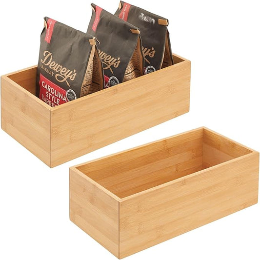 mDesign Bamboo Wood Organizer Storage Bin Box for Kitchen, Pantry, and Drawer Organization; Holder for Snacks, Juice Boxes, Utensils, Tea, Coffee - Echo Collection - 2 Pack - Natural