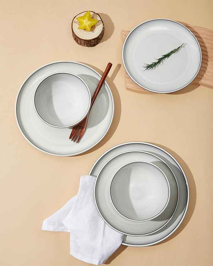 18 Piece White Stoneware Dinnerware Set for 6, Santorini Mist Terracotta Plates and Bowls with Reactive Glaze, Microwave & Dishwasher Safe, Aesthetic Ceramic Dishes for Family Meals & Hosting