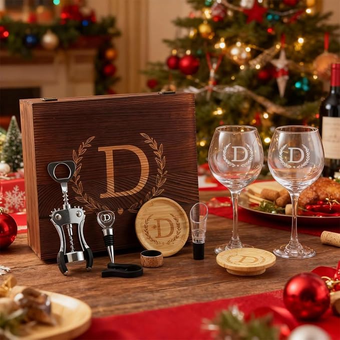 GZLDGIFTS Personalized Initial Wine Glasses Box Gift Set for Women Mom Engraved Birthday Monogrammed Wooden Wedding Anniversary Wine Couples Stopper Opener Initial Letterr (P Set)