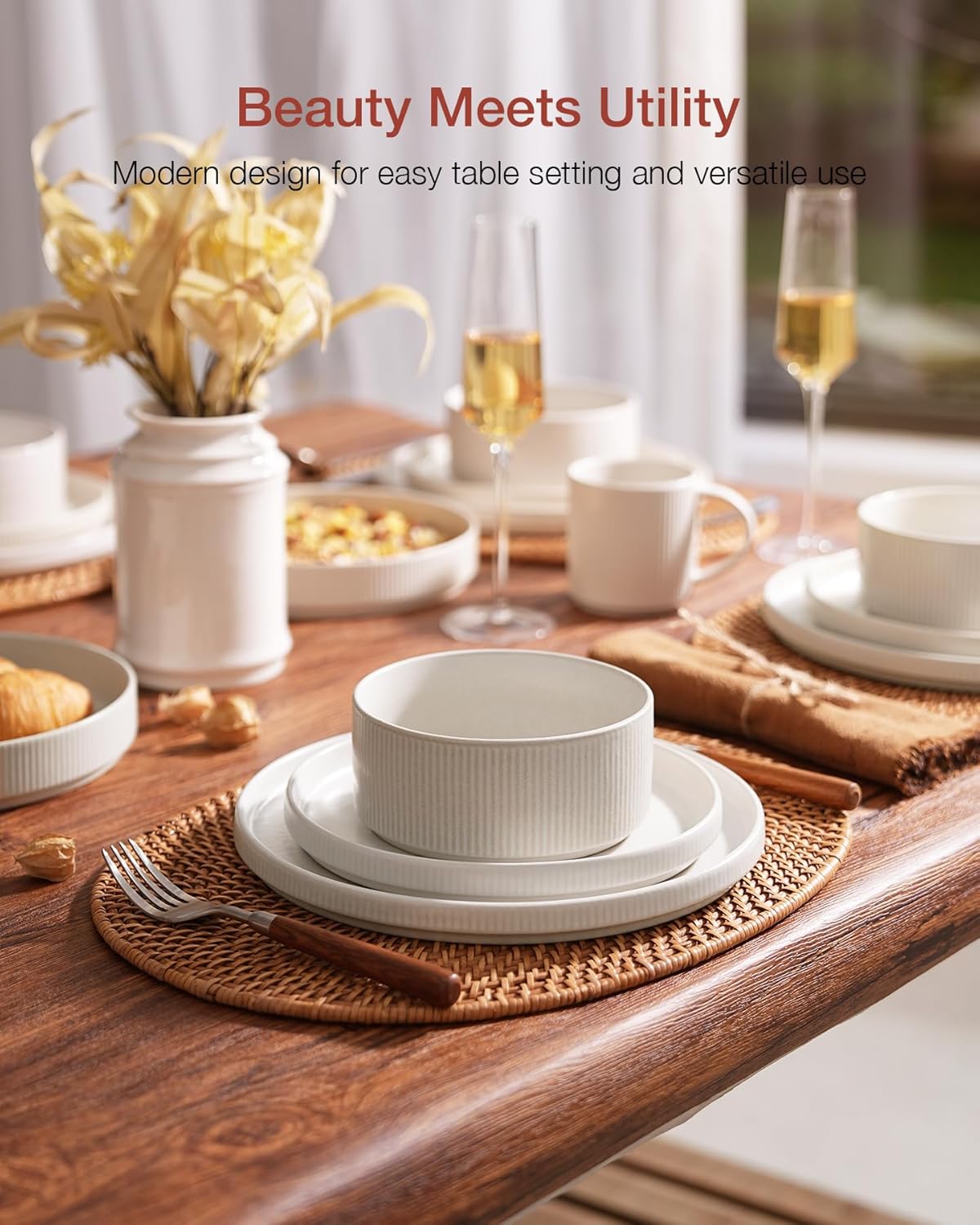 Famiware Star Dinnerware Sets, Plates and Bowls Set for 4, 12 Pieces Ribbed Dishes - Chip and Scratch Resistant, Microwave and Dishwasher Safe Tableware, Matte White