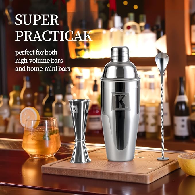 24oz Cocktail Shaker Set with 1 oz 2oz Jigger - Monogramm Initials Martini Shaker Set - 304 Stainless Steel Bar Shaker for Margarita,Mojito-Personalized Gift for Friend,Husband-Y