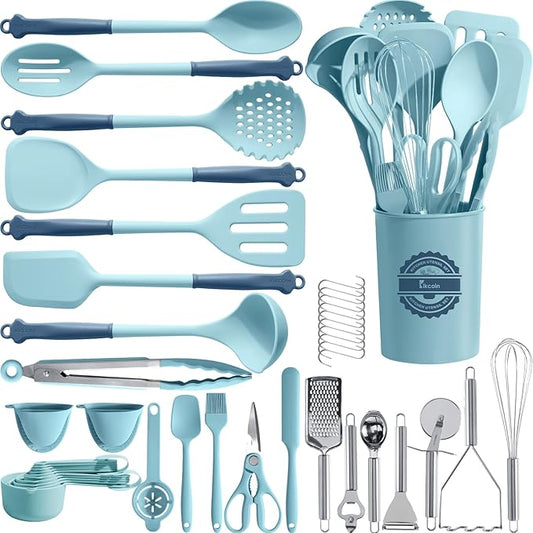 Kikcoin 43Pcs Large Kitchen Utensils Set - Silicone Cooking Utensils Set, Dishwasher Safe Spatula Set for Non-stick Cookware, 446°F Heat Resistant Kitchen Utensils Set with Holder BPA Free, Blue
