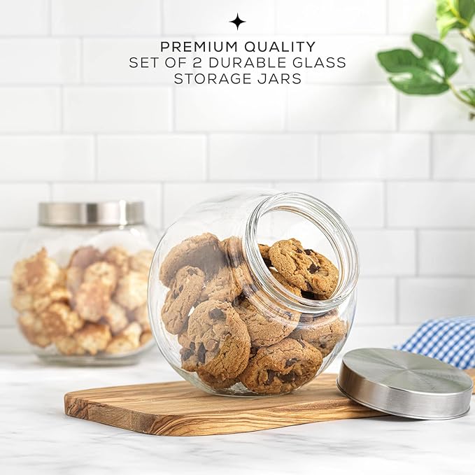 JoyJolt All-Sides Cookie Jar. Set of 2 Cookie Jars for Kitchen Counter with Lids, Candy Jar, Dog Treat Container, Laundry Detergent Container, Large Canisters, Half Gallon Glass Jar with Lid Airtight