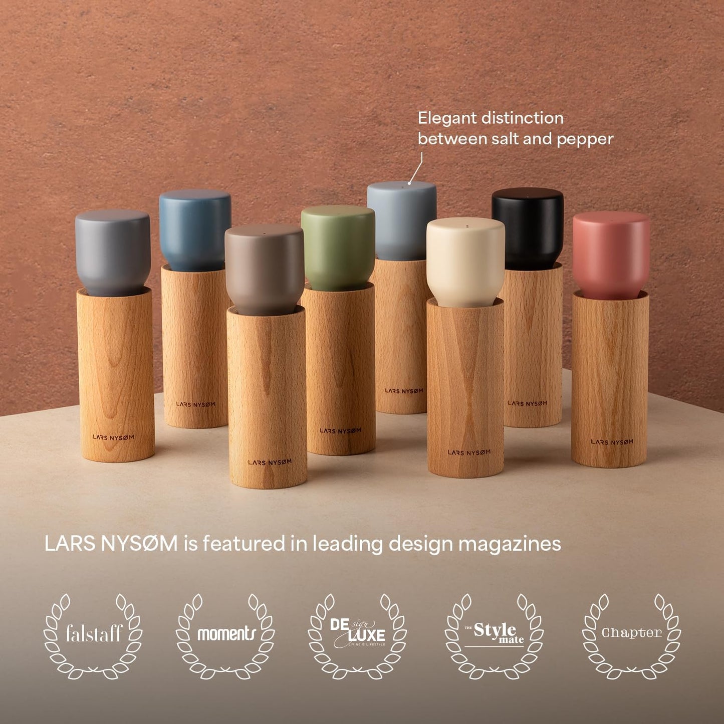 LARS NYSØM Wooden Salt and Pepper Grinder Set Manual with Tray - Salt and Pepper Mills with Adjustable Ceramic Grinder - Elegant Beechwood Pepper and Salt Mill Set for Dining Table (Red/Brown)