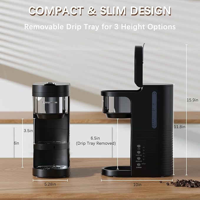 Single Serve Hot & Iced Coffee Maker, for K Cup Pod and Grounds, 6 to 24oz Brew Size, Slim Compact for Small Spaces, Descaling Reminder, with Reusable Filters, Black