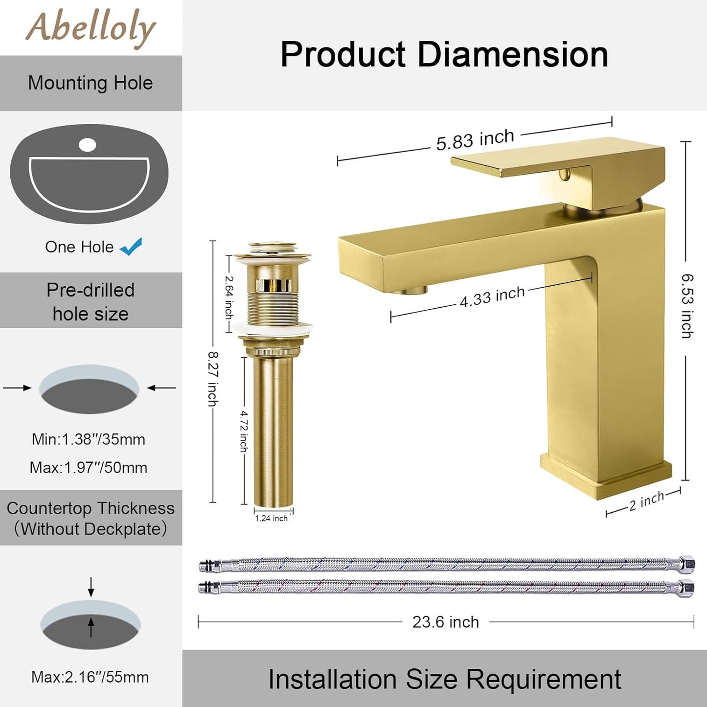 Solid Brass Bathroom Faucet, Gold Bathroom Faucet 1 Hole,CEC & cUPC Certified Lead-Free Single Hole Vanity Gold Faucet with Two Flexible Hoses & Pop Up Drain Stopper