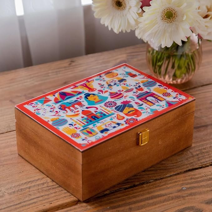 Octavius Gift's Select - Assorted Tea in Multi Design Printed Wooden Box | 6 Flavors, 90 Tea Bags | Black & Green Tea | Tea Gifts for Women & Men | Tea Variety Pack