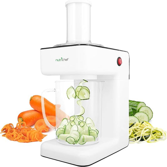 NutriChef 3-in-1 Electric Vegetable Chopper, Spiralizer, and Salad Maker - Fruit Cutter, Spiral Shredder Machine, Veggie Spaghetti & Noodle Maker | Includes Food Plunger & 1.2L Bowl