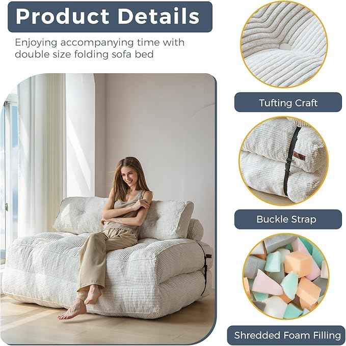 MAXYOYO Folding Sofa Bed, Convertible Sleeper Chair with Pilow Foldable Matress with Back Support, Portable Fold Out Chair Bed Comfy Floor Sofa Lounge for Living Room Bedroom, Beige, Double