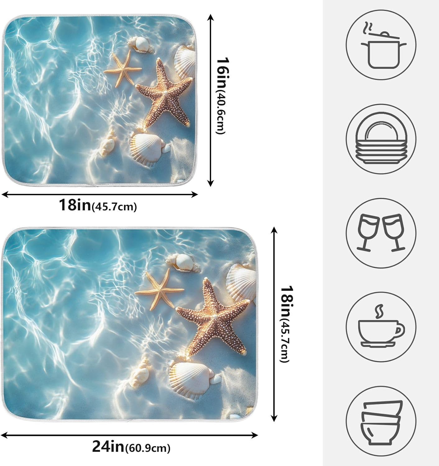 Starfish and Seashell on The Summer Beach Dish Drying Mat for Kitchen Counter Absorbent Microfiber Small Drying Pad Dish mats for Kitchen Countertops 16 x 18 Inch