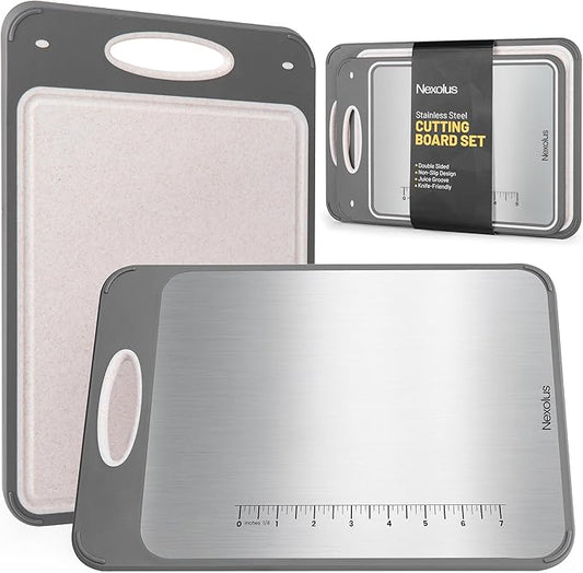 2 Pack Double Sided Stainless Steel Cutting Board Set - 16x11" + 14x9" - Non Slip Chopping Boards for kitchen with Deep Juice Groove, Built-In Measurement Scale, Garlic Grater, & Easy to Clean