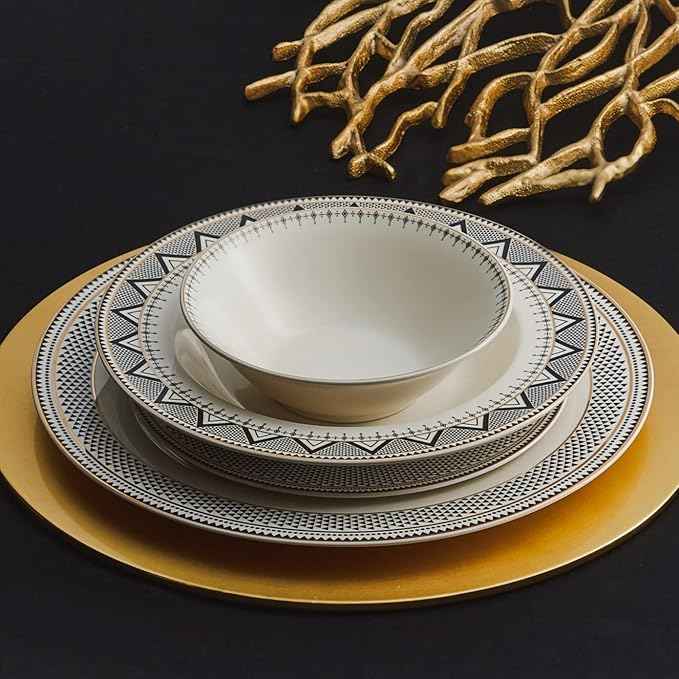 Karaca Globe 24-Piece Dinnerware Set for 6 People - Kitchen Dish Set for Salad, Soup, Pasta, Noodle & More - Modern Chic Porcelain Dishware Plate Set (White with Black Triangle Design)