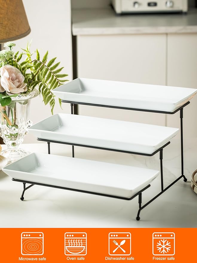YHOSSEUN 3 Tier Serving Stand Tiered Tray Stand with 3 Porcelain Serving Platters Trays for Dessert Server Display Collapsible Sturdier Metal Rack 14 inch