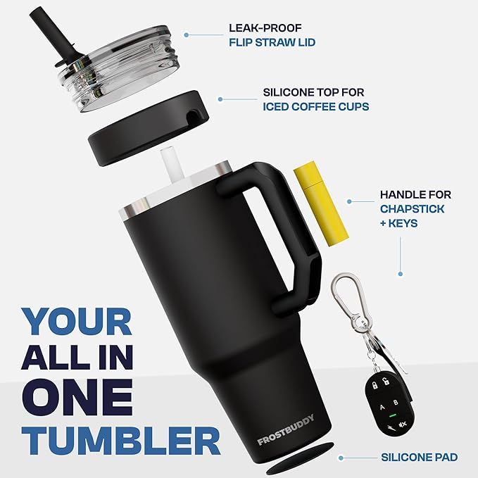 Frost Buddy 40 oz Thicc Buddy Tumbler with Silicone Sleeve – Customizable with Budz Charms, Insulated Stainless Steel Cup with Handle & Straw, Leak-Proof, Cup Holder Friendly, Gift for Men & Women