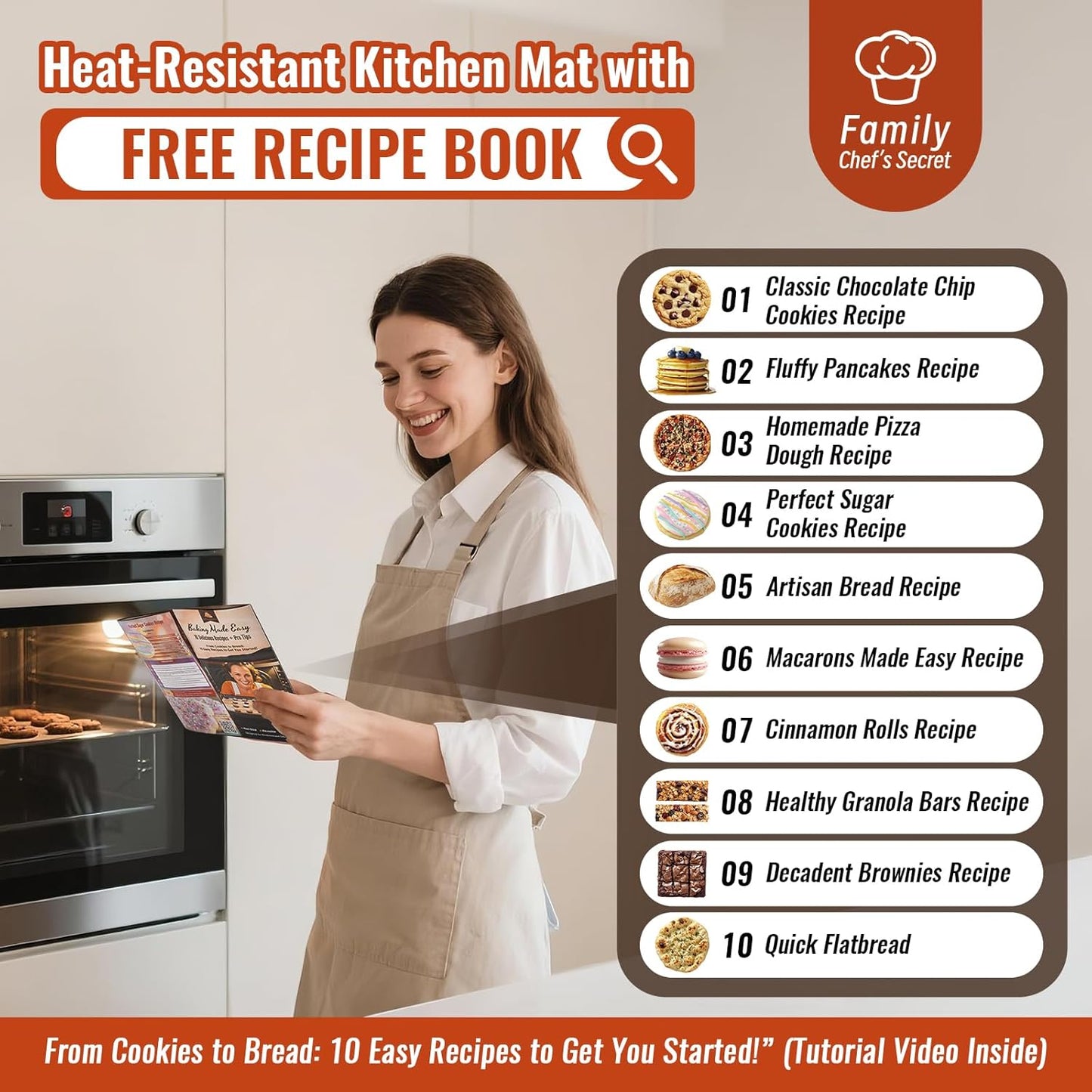 Silicone Baking Mat with 10 Quick Recipes, Extra Thick Silicone Mats for Baking, Non Stick Pastry Mat,Reusable kneading Dough Rolling Mat for Cookie, Macaron, Bread, Pizza-Tutorial Video Included