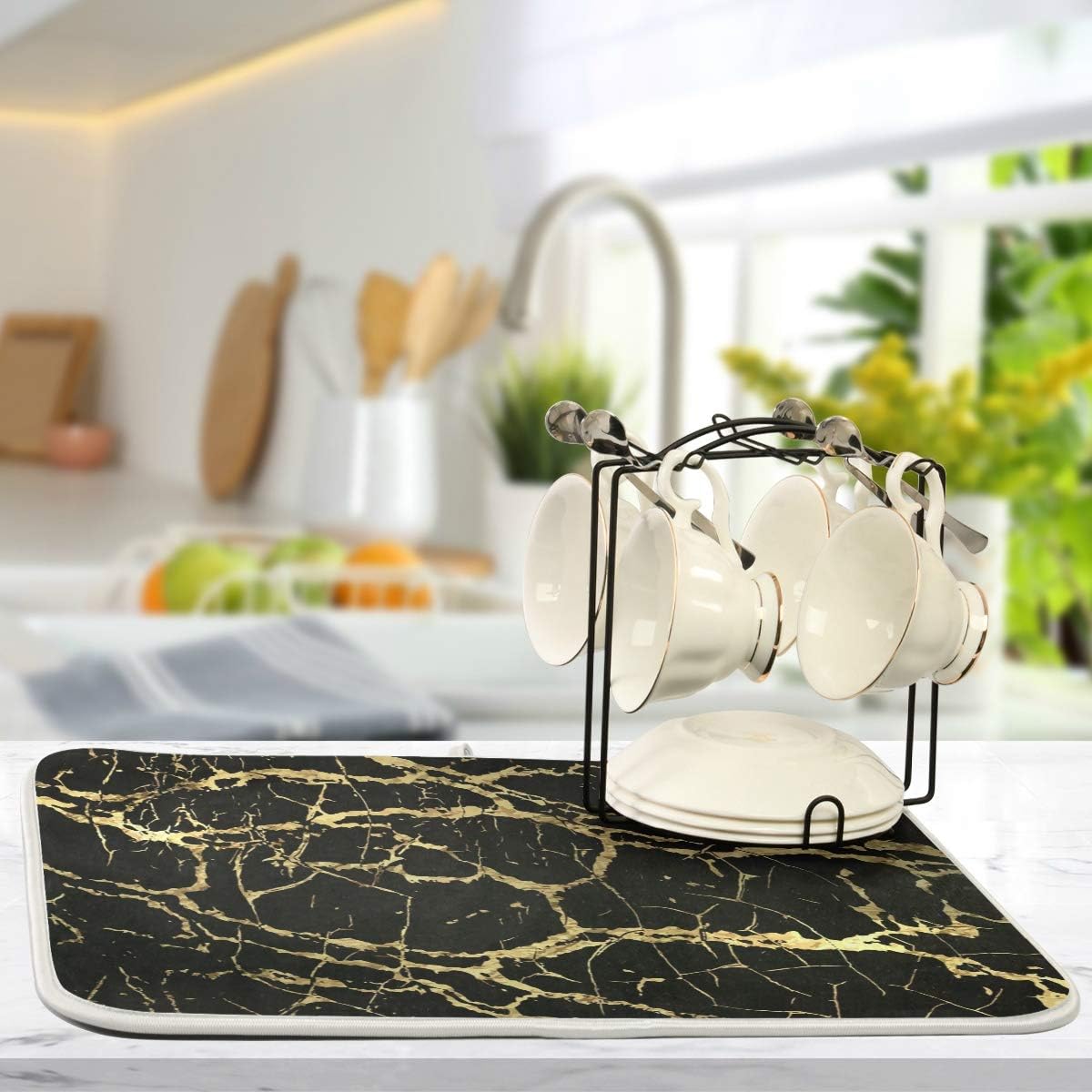 Super Absorbent Dish Drying Mat, Microfiber Fast-Drying Dish Mat, 24" x 18", Kitchen Dish Drying Pad, Black Gold Marble