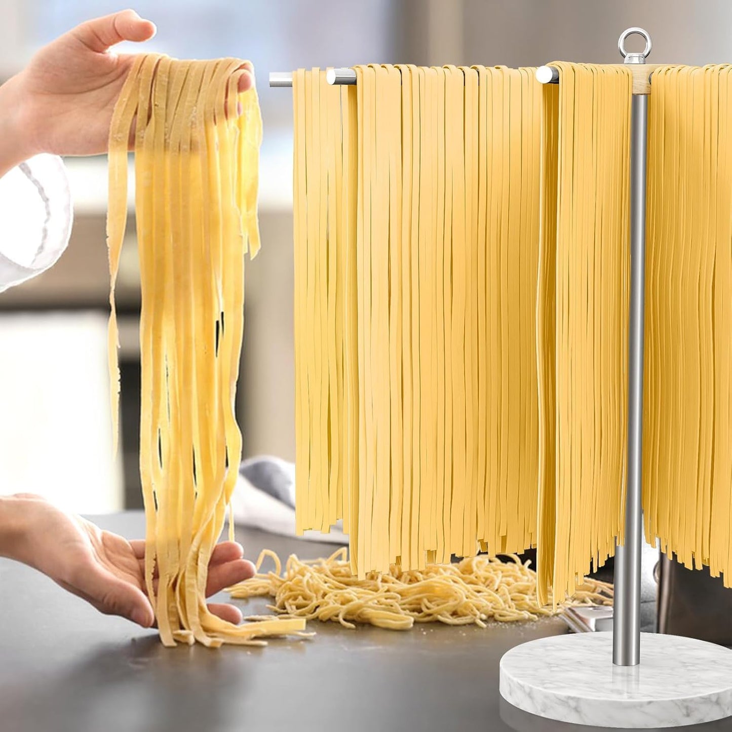 Pasta Drying Rack, 304 Stainless Steels Pasta Rack with Handle, Detachable Stand Noodles Drying Hanger for Homemade Fresh Spaghetti, Tagliatelle, Fettuccine, Marble Base