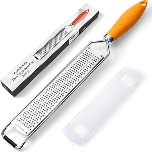 Rainspire Zester Grater with Handle, Lemon Zester Cheese Grater for Kitchen Stainless Steel, Parmesan Cheese Garlic Nutmeg Chocolate Fruits Vegetables Ginger Grater, Fine (Orange)