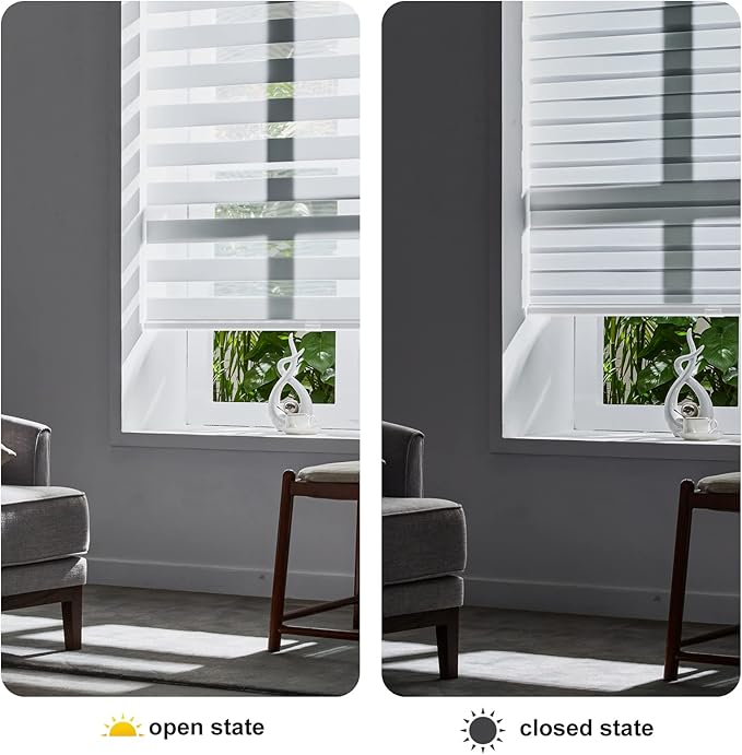Persilux Cordless Zebra Blinds for Indoor Windows, Free-Stop Zebra Blinds Cordless, Light Filtering Sheer Shades Dual Layer for Day and Night, Zebra Roller Shades for Home (34.5" W X 64" H, Grey)