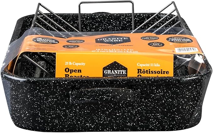 Granite Ware 19-Inch Roasting Pan With V-Rack - Nonstick Rectangular Roaster for Poultry, Baking, Broiling, Grilling - Durable Cookware for Holiday Feasts & Daily Meals - Family Size, Made of Steel