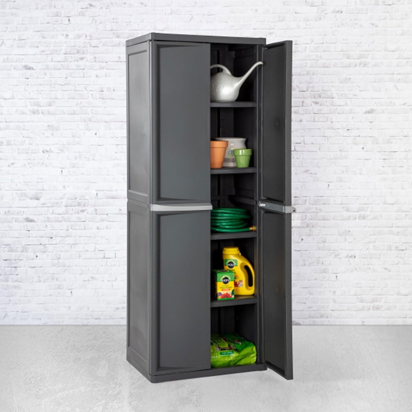 Sterilite 2-Pack 4 Shelf Cabinet, Lockable Utility Storage w/ Adjustable Shelves, Gray - Plastic Shelving Unit for Organizing Garage, Pantry, Basement, Laundry Room or Mudroom