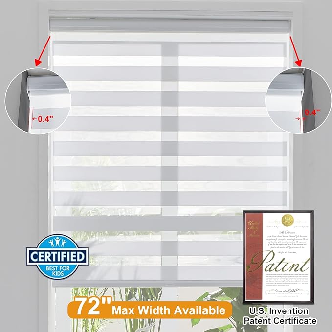 Persilux Zebra Blinds for Windows, Cordless Roller Shades for Windows Room Darkening Roller Blinds (44" W x 72" H, White) Light Control for Day and Night Light Filtering Sheer Shades for Home