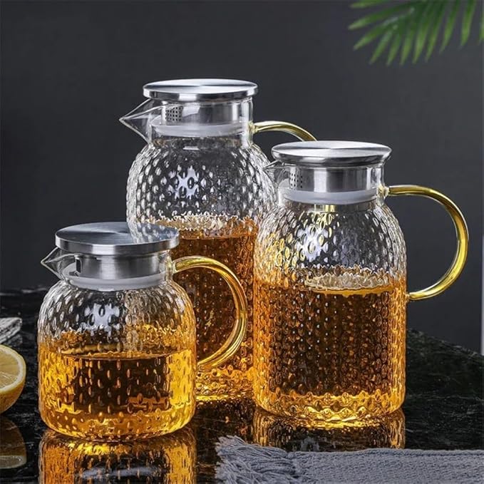 Tea Set Glass Water Pitcher with Filter Lid and Pouring Spout Heat Resistant Carafe for Hot Cold Beverages Homemade Ice Tea Bottle Teapot Set(1L)