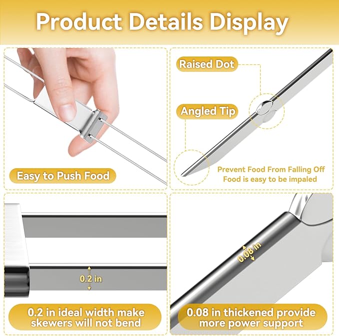 Metal Skewers for Kabobs - 17" 10 Pack Kabob Skewers with Push Bar Double Pronged Anti-Roll Flat BBQ Skewer for Grilling Stainless Steel Reusable Kebab Skewer for Meat Shrimp Chicken Veggie
