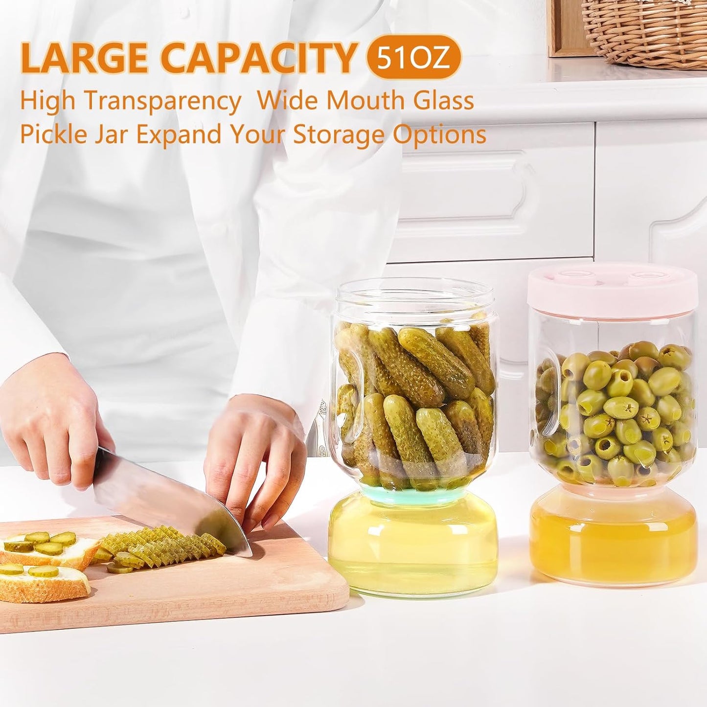 ZENS Glass Pickle Jar with Strainer Flip, 2 Pack Pickle Container Olive Hourglass Jars, Airtight Pickle Juice Separator from Wet and Dry, Pickles Storage Jar 51oz