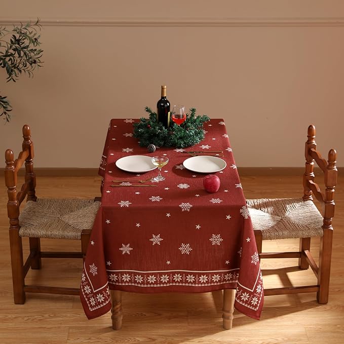 ISAENNE Designer Christmas Red Long Tablecloth Rectangular,Linen Table Cloth with Snowflakes Pattern,Wrinkle Resistant Decor Tablecloths for Dining Kitchen Thanksgiving Christmas,63"*94"-Carol C