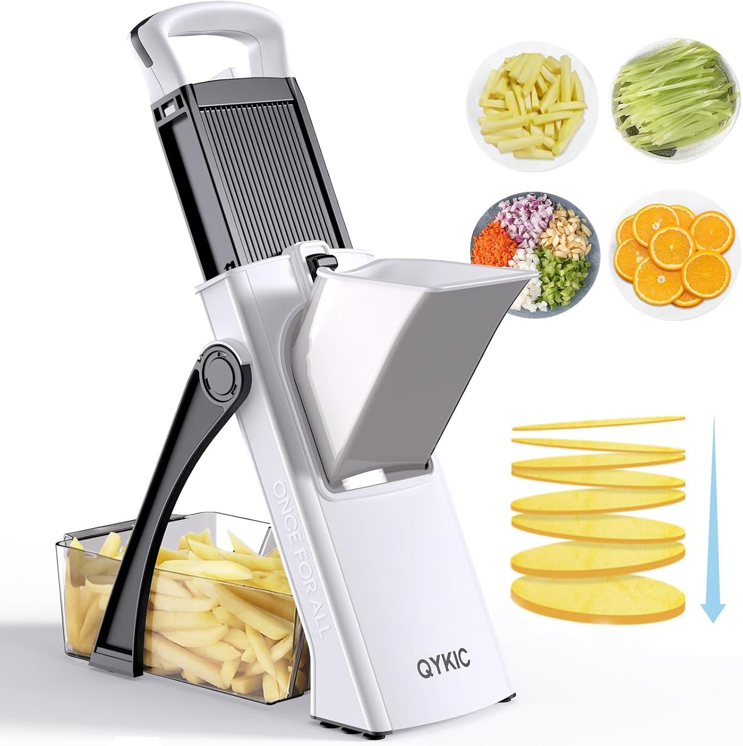 Upgrade Safe Mandoline Slicer for Kitchen, Vegetable Chopper Slicer, Potato Slicer Thickness Adjuster, French Fry Cutter, Veggie Onion Dicer Faster Kitchen Mandolin for Meal Prep (White)