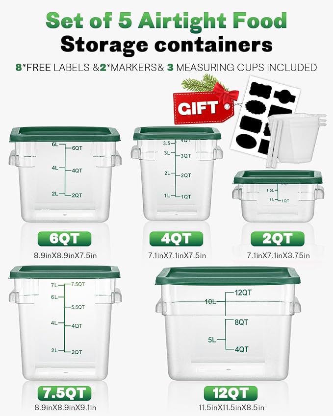 2QT4QT NSF Food Storage Containers: 6PCS [Food Grade][Hot&Cold Resistant] Commercial Clear Food Storage Containers with Lids for Restaurant Kitchen Proof Dough, Measuring Spoons Included(GREEN)