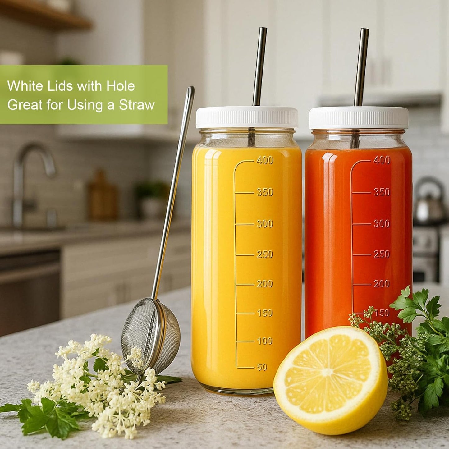 Ruckae 16oz 8 Pack Juice Bottles, Glass Bottles Juicing with Lids, Smoothie Cup Lids and Straws, Water Bottle Mason Jar Drinking Glasses for Juicing, Smoothies, Kombucha