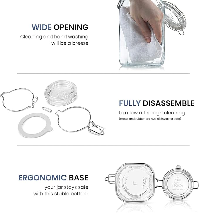 Bormioli Rocco Fido Glass Jar - 67.75 oz Large Airtight Container with Clamp Lid & Rubber Seal, BPA-Free Italian Jar for Fermentation, Kombucha, Sauerkraut, Pickles, Kefir & Homemade Beverages