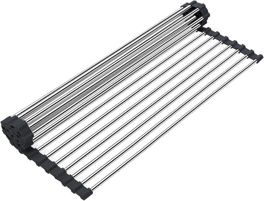 Searik Dish Drying Rack Roll Up Sink Drying Rack, Over The Sink Dish Rack Multi-Use Stainless Steel Dish Drainers Heat Resistant Mat for Drying Draining Trivet (17.7"x13.8")