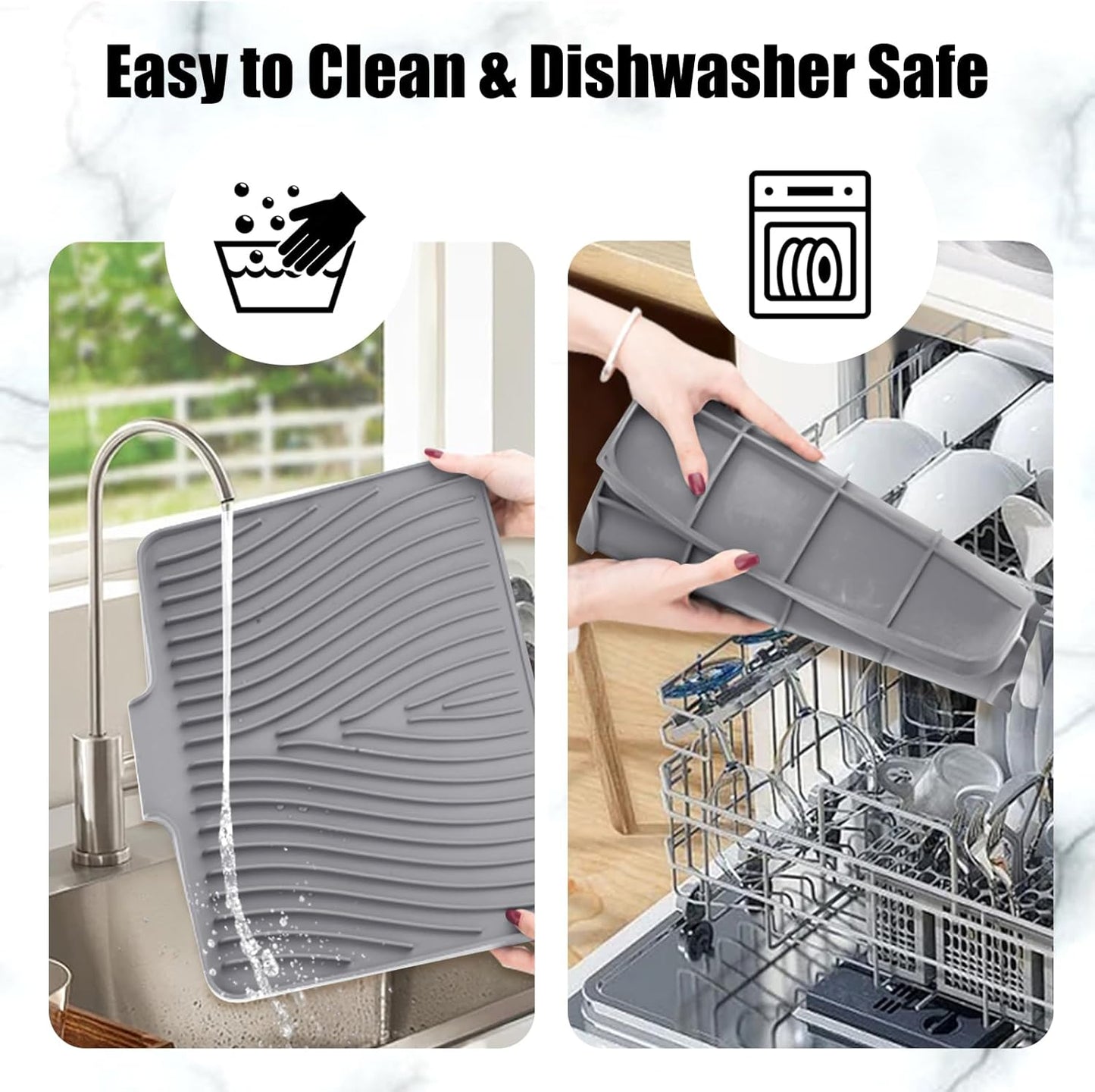 Silicone Dish Drying Mat for Kitchen Counter, Dish Drying Pad, Non-Slip Drain Pad with Built-in Drain, Heat Resistant Stone Drying Mat(15.8" x 13", Grey)